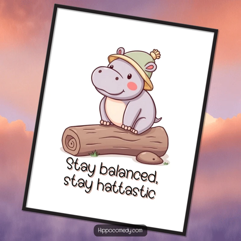 Funny Free Printable Wall Art: Kawaii hippo wearing a tiny hat, balancing on a log, whimsical and charming downloadable art.