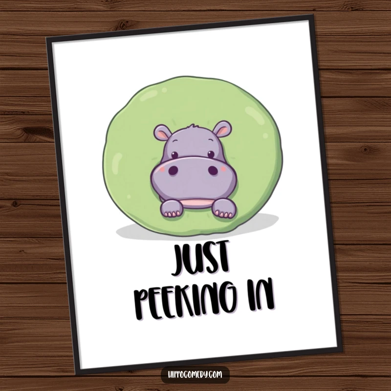 Funny Free Printable Wall Art: A curious hippo is playfully peeking out from behind a massive, perfectly round lily pad.