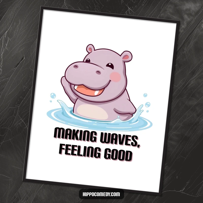 Funny Free Printable Wall Art: A kawaii hippopotamus joyfully splashing in cool water with a happy grin, bringing cheerful decor.