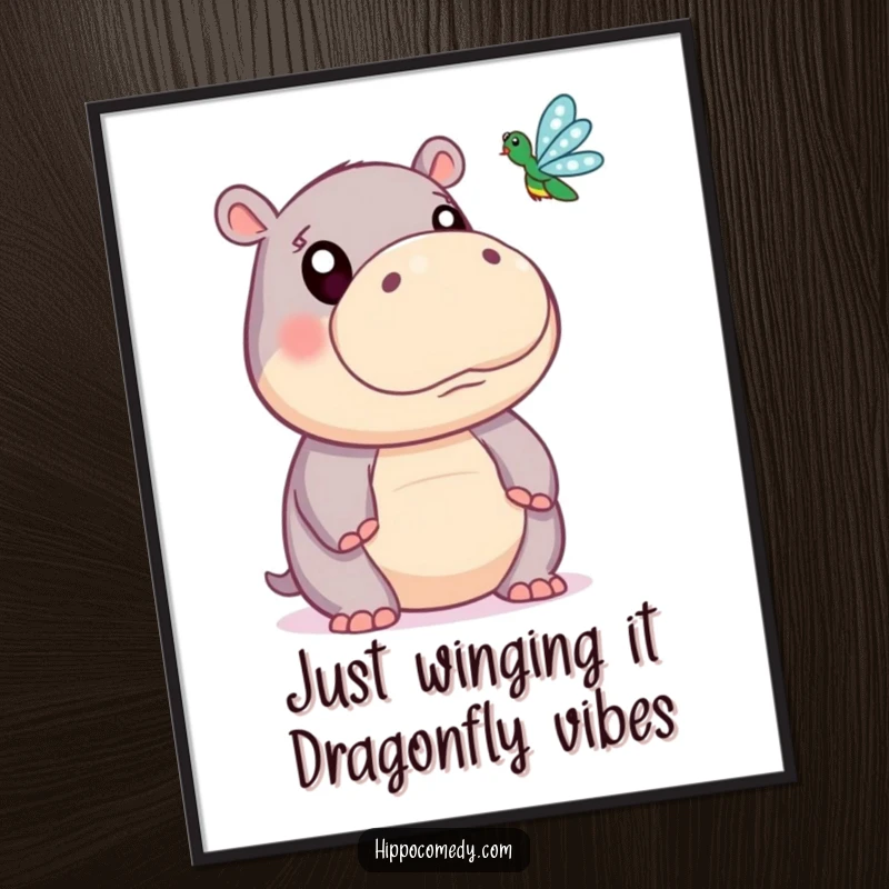 Funny Free Printable Wall Art: Cute Hippo with Enormous Eyes Staring Intently at a Tiny Dragonfly Flying By
