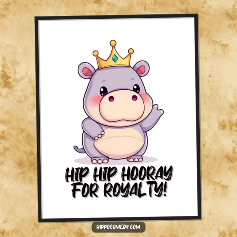 Funny Free Printable Wall Art: A kawaii hippopotamus wearing a tiny crown, striking a humorous and regal pose, perfect for decor.