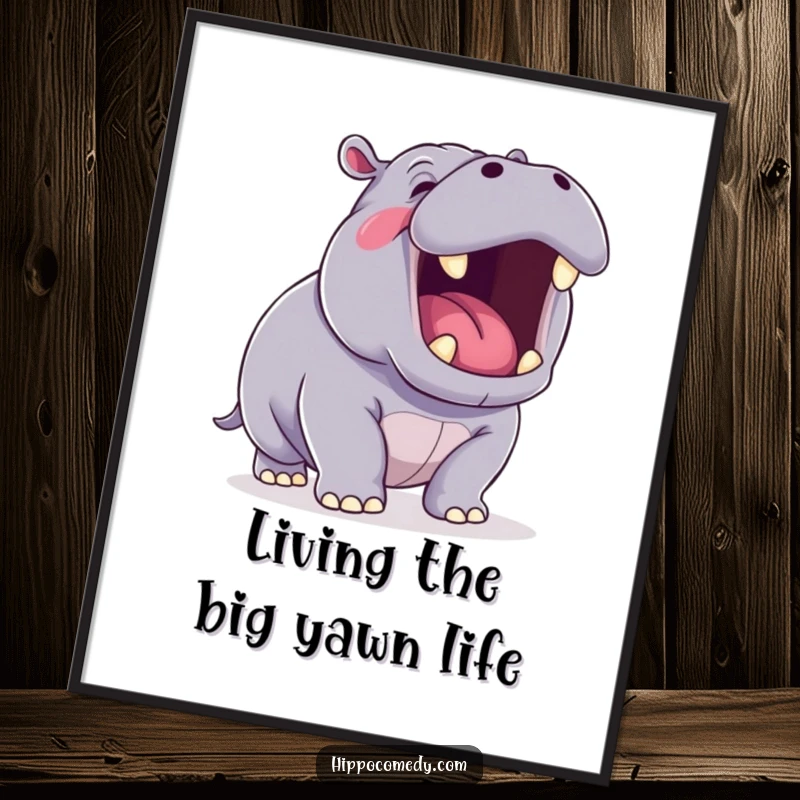 Funny Free Printable Wall Art: Kawaii hippo yawning hugely, showing tiny teeth, creating a hilarious and adorable piece of downloadable art.