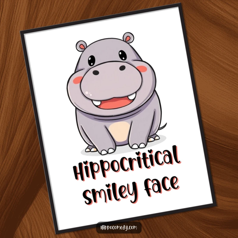 Funny Free Printable Wall Art: A happy hippopotamus with an incredibly wide and beaming smile, radiating pure joy.