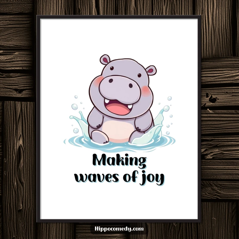 Funny Free Printable Wall Art of a chubby hippo with an infectious smile, having a blast splashing in colorful water.