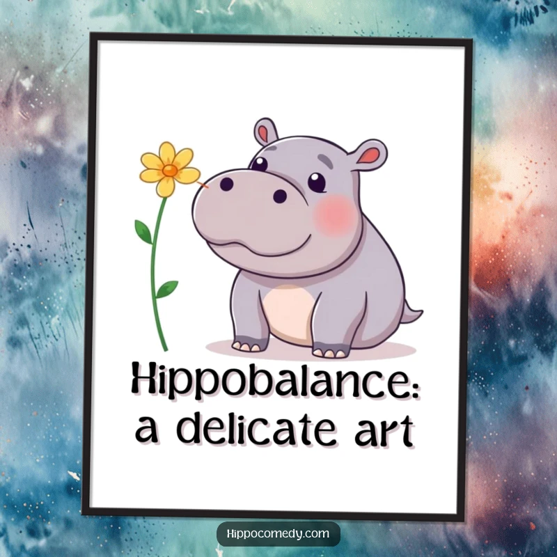 Funny Free Printable Wall Art: A playful hippopotamus concentrating as it balances a flower perfectly on its nose.