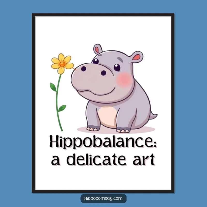 Free Printable Wall Art: Playful Hippo Flower Balance, Funny Downloadable Decor Gift