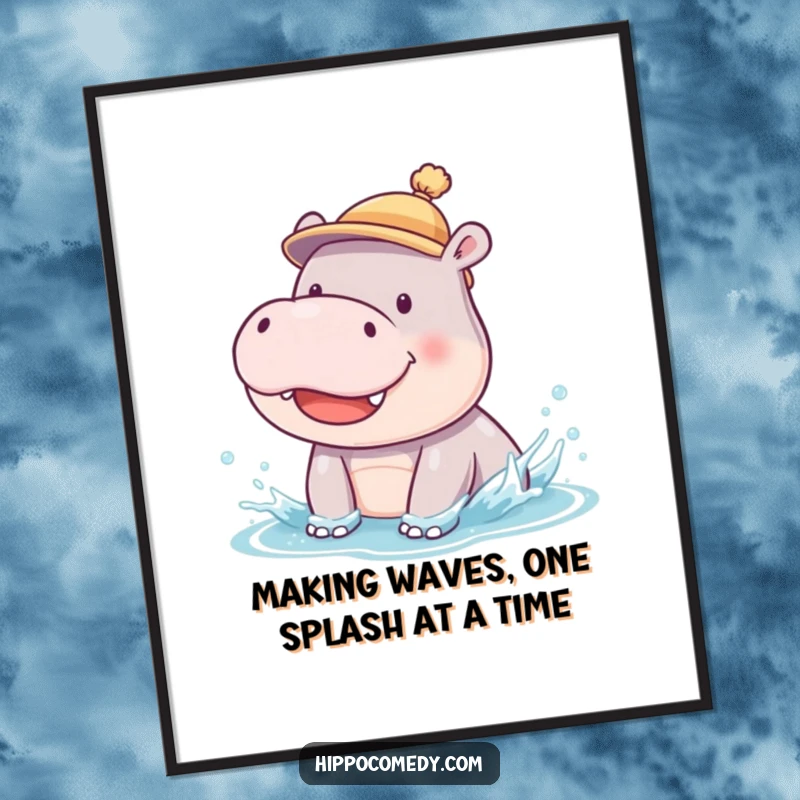 Funny Free Printable Wall Art: Smiling Hippo Cub Wearing a Tiny Hat Having a Silly Splash in Water
