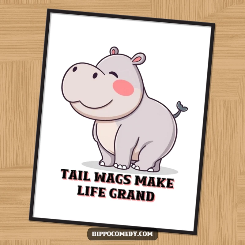 Funny Free Printable Wall Art of a hippo enthusiastically doing a silly wiggle with its stubby tail, full of life.