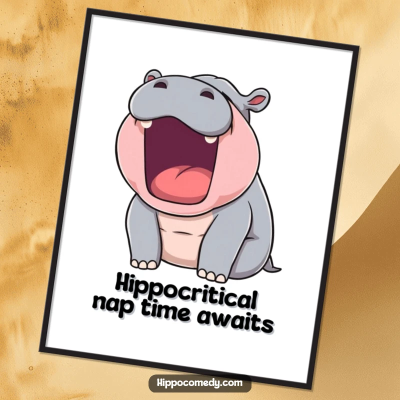 Funny Free Printable Wall Art: A large hippopotamus is caught mid-yawn, its mouth wide open, creating a humorous and relatable piece of art.