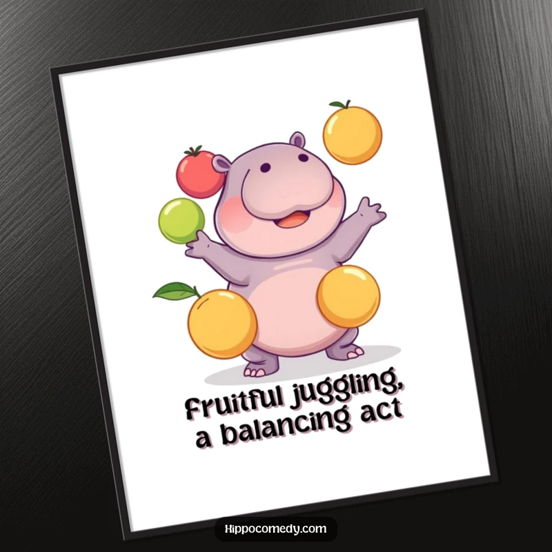 Funny Free Printable Wall Art: A cute kawaii hippo comically attempts to juggle three round fruits.