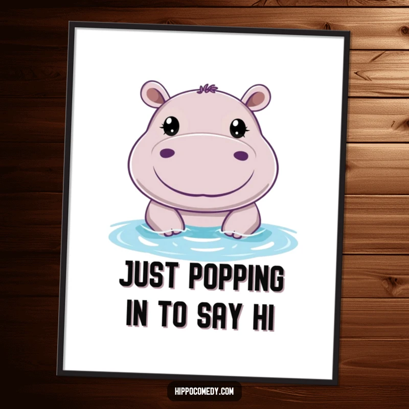 Funny Free Printable Hippo Wall Art: A cheerful hippo with big, round eyes peeking above the water, creating a peaceful scene.