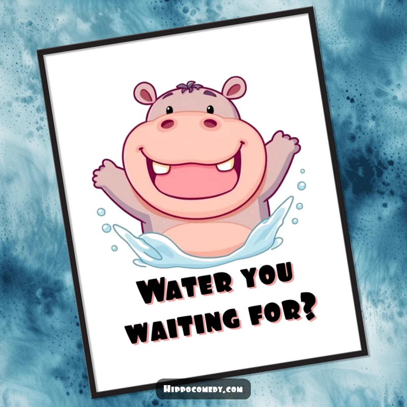 Funny Free Printable Hippo Wall Art: A chubby hippo making a big splash with a wide, toothy grin, radiating happiness.