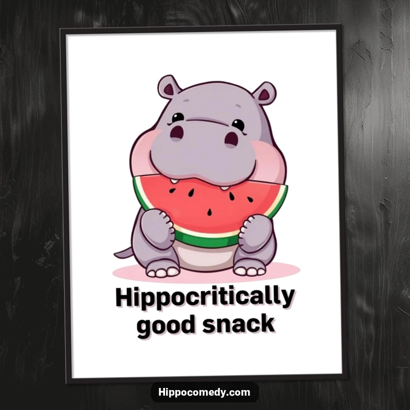 Funny Free Printable Wall Art: A curious hippopotamus takes a massive, happy bite out of a juicy watermelon slice.
