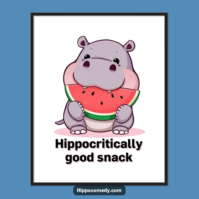 Funny Free Printable Wall Art: Curious Hippo Munching Watermelon, Quirky Downloadable Decor