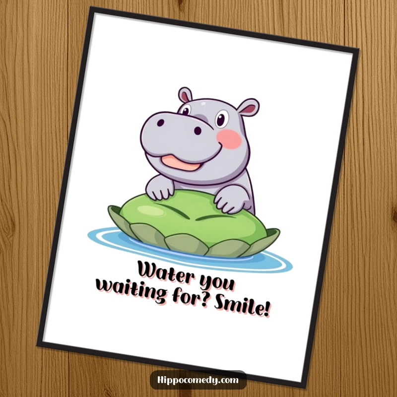 Funny Free Printable Wall Art: An excited hippo with a wide grin peeking over the edge of a huge lily pad.