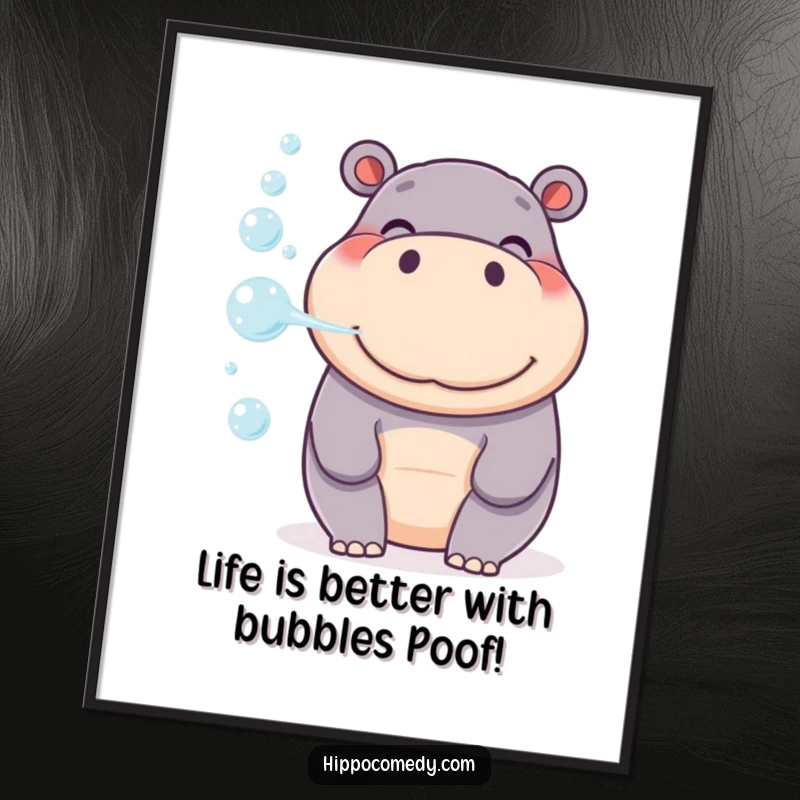 Funny Free Printable Wall Art: A smiling hippo joyfully blowing a stream of delightful, iridescent bubbles.
