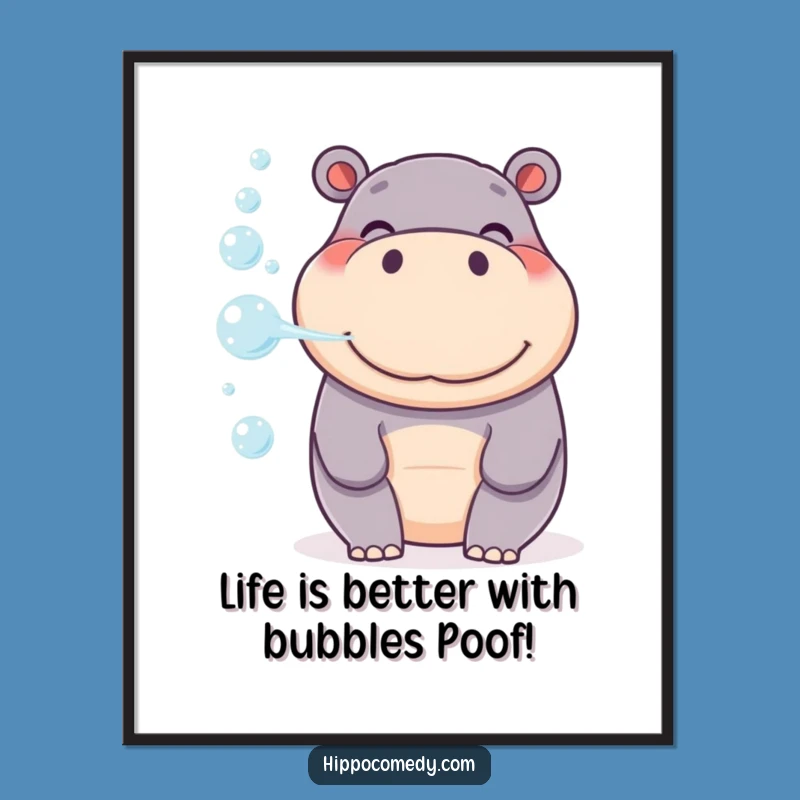 Funny Free Printable Wall Art: Happy Hippo Bubbles, Downloadable Decor