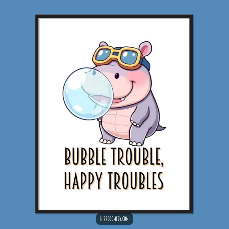 Funny Free Printable Wall Art: Hippo Blowing Bubble, Goggled, Whimsical Decor!