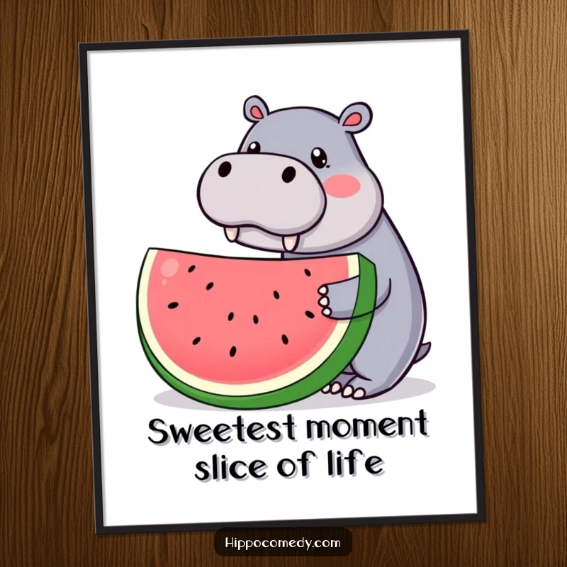 Funny Free Printable Wall Art: An irresistibly cute kawaii hippopotamus holding out a giant, delectable slice of watermelon.