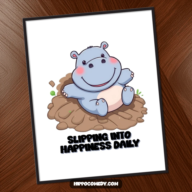 Funny Free Printable Wall Art: A grinning hippo joyfully slides down a muddy hill, downloadable art for a playful space.