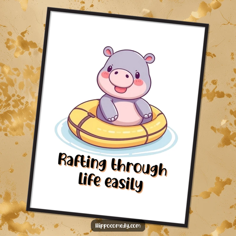 Funny Free Printable Wall Art: A tiny, cheerful hippo enjoys a leisurely float on a small toy raft.