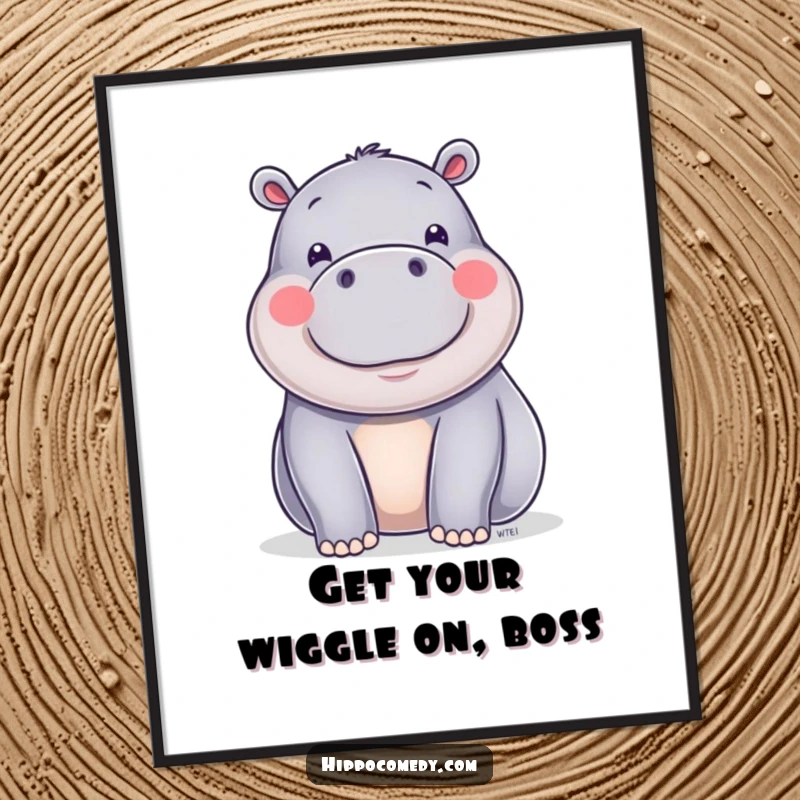 Funny Free Printable Wall Art: A happy shiny hippo in a full wiggle, bringing playful energy and humorous charm to any room.