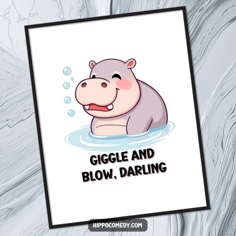 Funny Free Printable Wall Art: A giggling hippopotamus blowing a cheerful stream of bubbles underwater with delight.