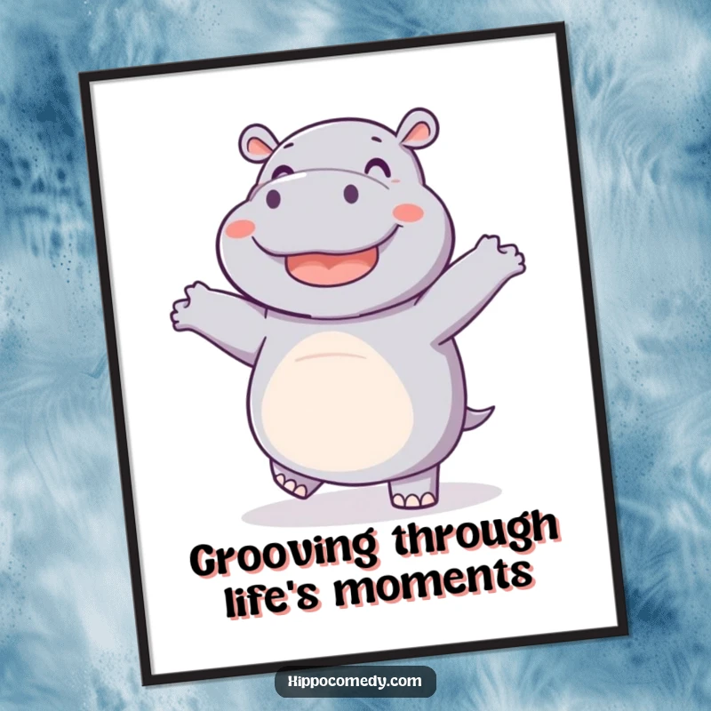 Funny free printable wall art: A joyful hippo is depicted mid-dance with its feet wiggling, creating fun decor.