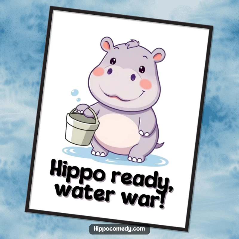 Funny Free Printable Wall Art: A kawaii hippopotamus holding a bucket, looking determined and ready for a water fight.