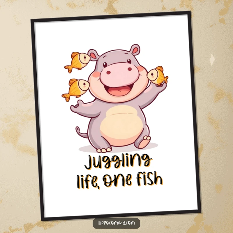Funny free printable wall art of a smiling hippopotamus joyfully juggling three small fish with impressive skill.