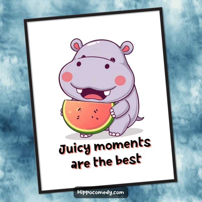 Funny Free Printable Wall Art: Kawaii hippo with joyful expression, eating a large fruit, cheerful and delightful downloadable art.