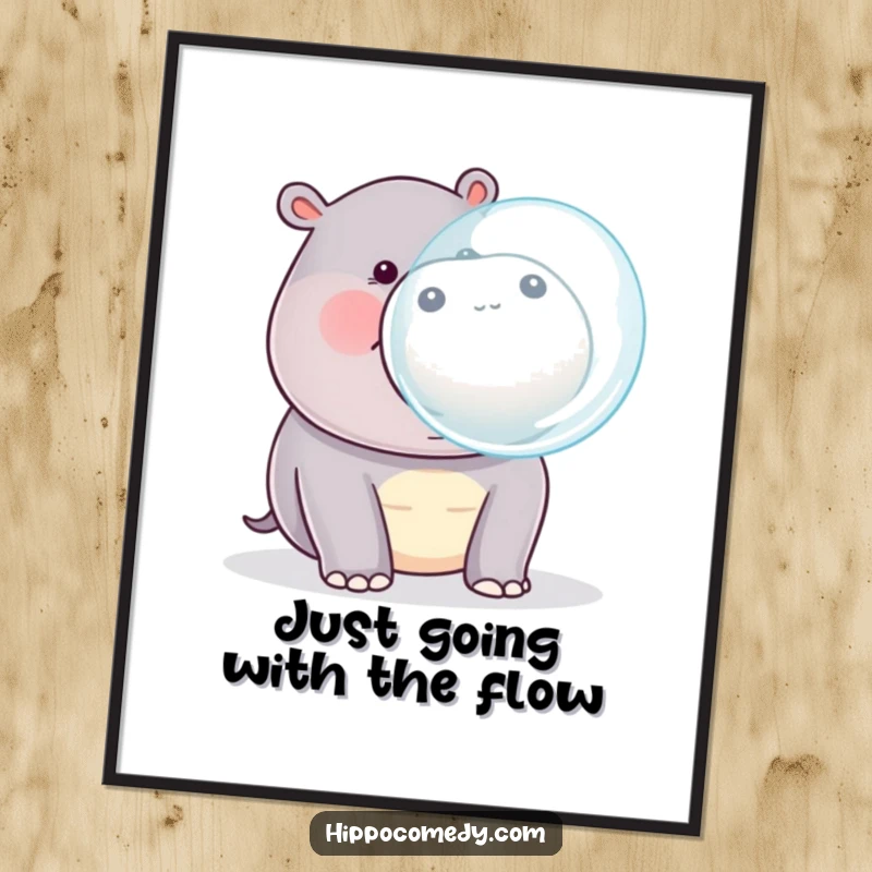 Funny Free Printable Wall Art: A kawaii hippopotamus humorously blows a giant bubble, adding playful and whimsical decor to any wall.