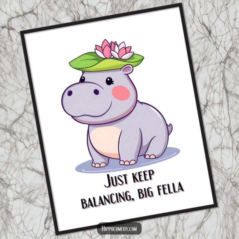 Funny Free Printable Wall Art: Kawaii Hippo Balancing a Lily Pad on its Head with Delightful Precision
