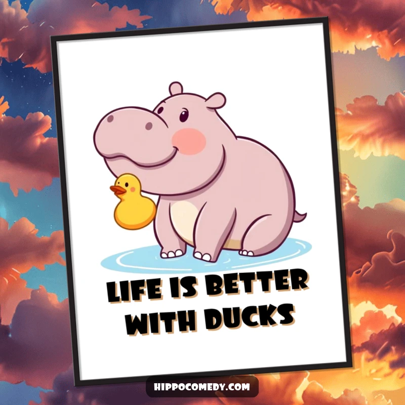 Funny Free Printable Wall Art: A kawaii hippopotamus looking with pure delight and wonder at a small rubber ducky floating.