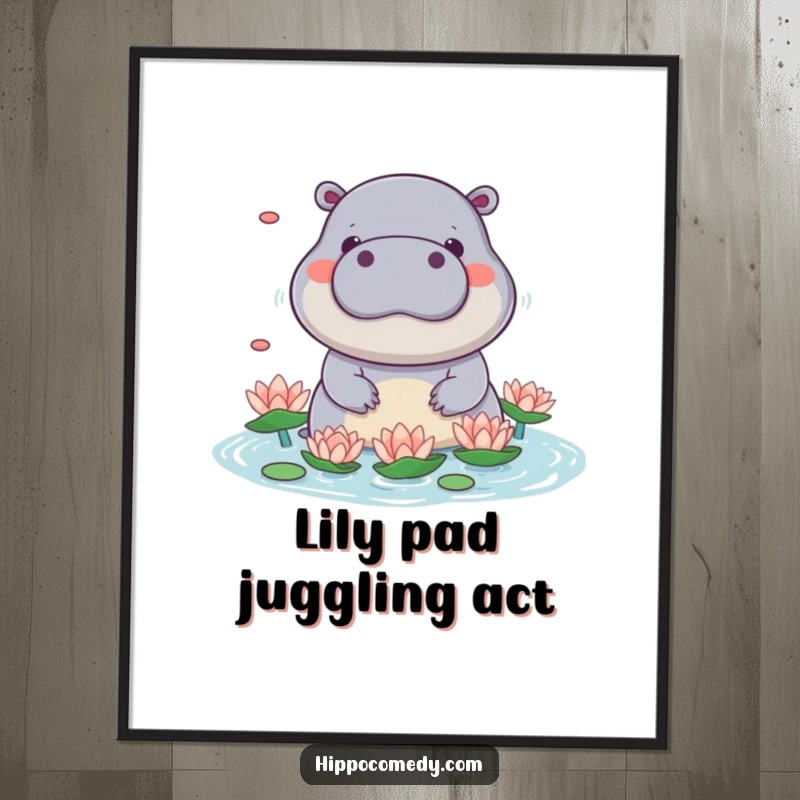 Funny free printable wall art of a cute kawaii hippo playfully juggling water lilies with its snout.