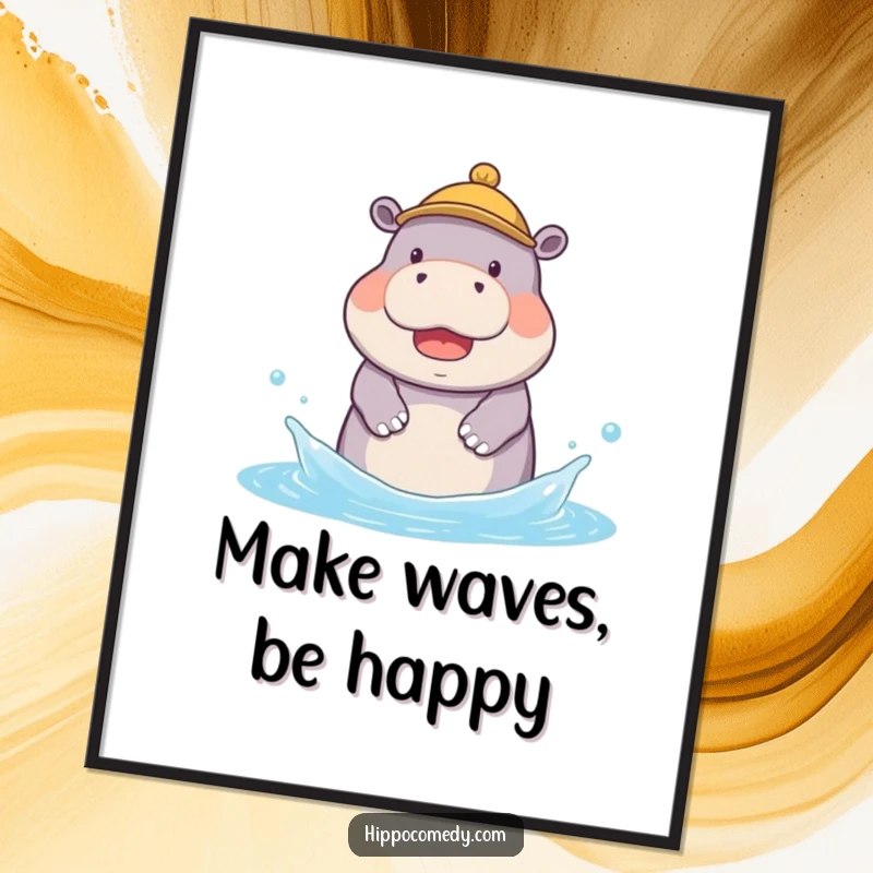 Funny Free Printable Wall Art: A kawaii hippopotamus wearing a tiny hat is joyfully splashing around in the water with delight.