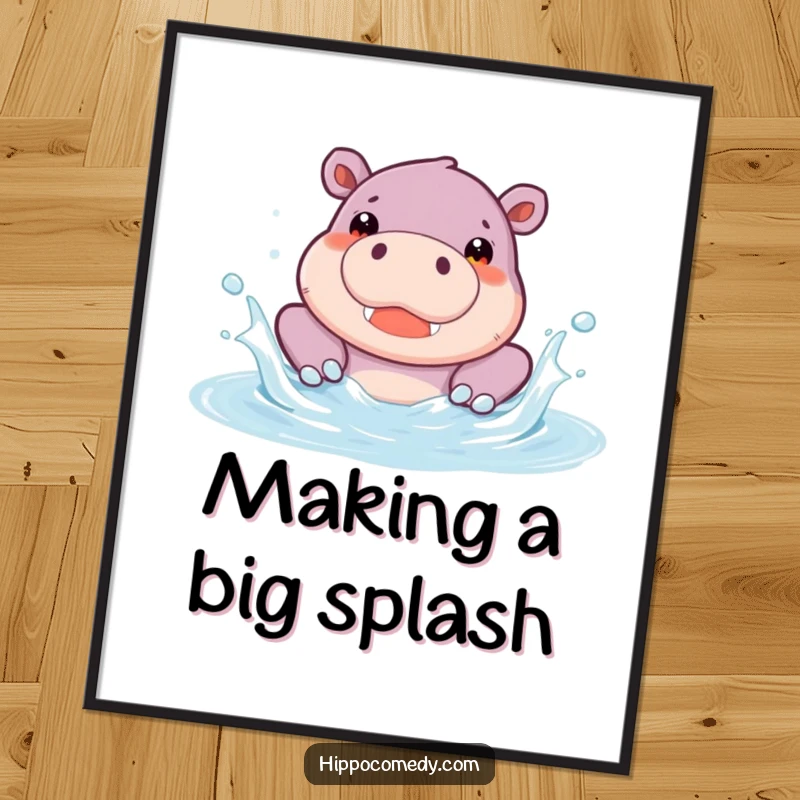 Funny Free Printable Wall Art: A cute hippopotamus character joyfully splashing water, bringing fun to any room.