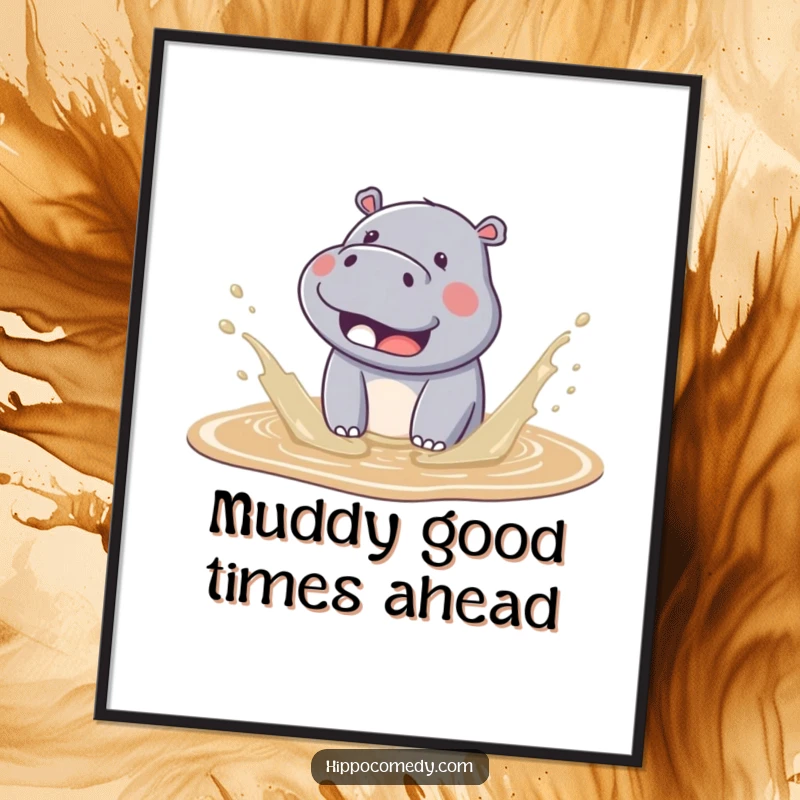 Funny free printable wall art of a cute kawaii hippo gleefully splashing in a mud puddle.