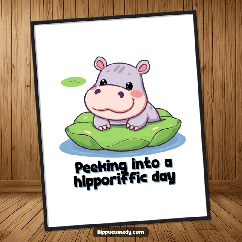 Funny Free Printable Wall Art: Kawaii hippopotamus with a silly expression, peeking from a lily pad, humorous downloadable illustration.