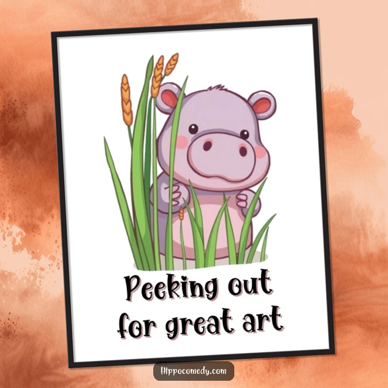 Funny Free Printable Wall Art: Little hippopotamus peeking out from behind reeds. Cute animal art, perfect for nurseries.
