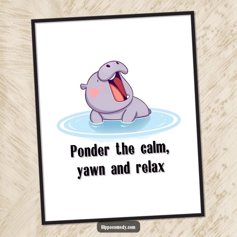 Funny Free Printable Wall Art: A yawning hippo rests peacefully in a blue pond, adding a touch of humorous, serene decor.