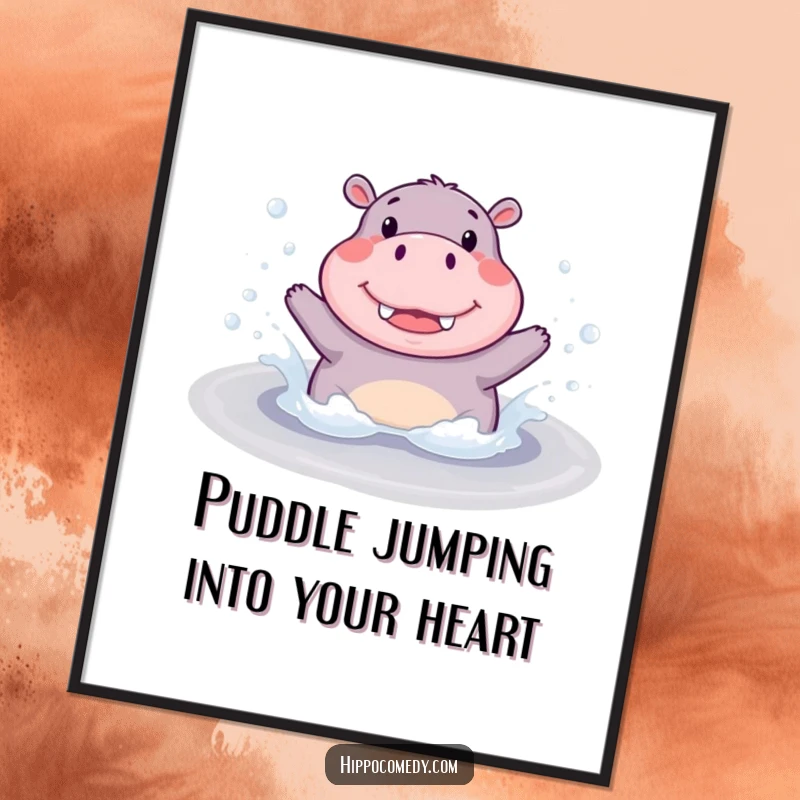 Funny Free Printable Wall Art: An adorable hippopotamus joyfully splashing in a bubbly puddle, full of energy.