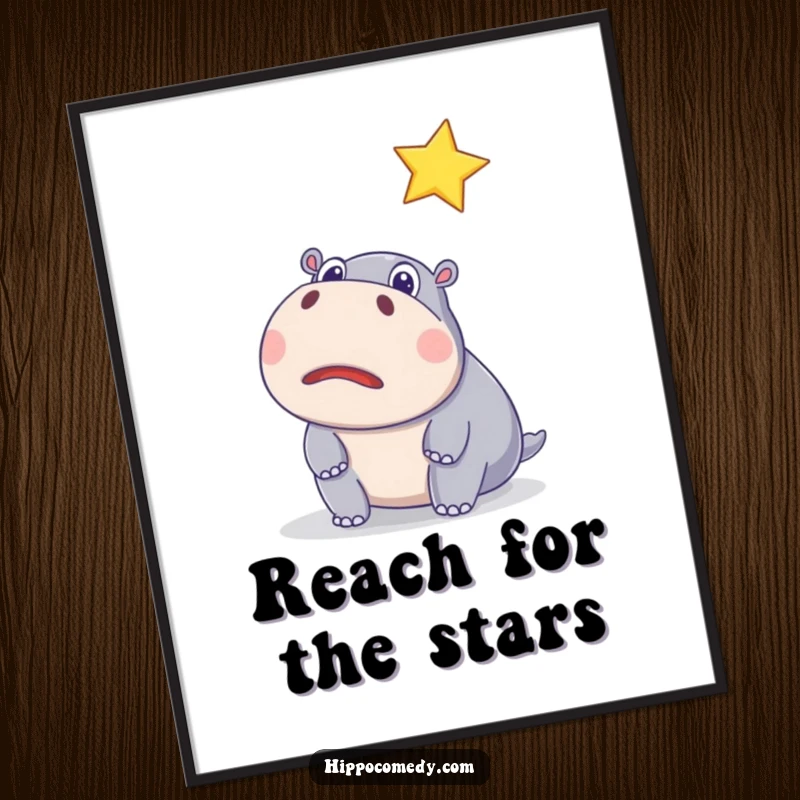 Funny free printable wall art: A hippo with wide, surprised eyes watches a floating, sparkling star, creating whimsical decor.