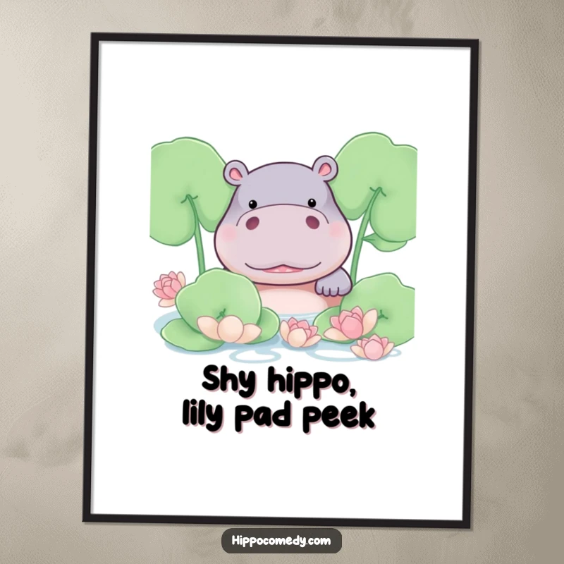 Funny Free Printable Wall Art: A shyly blushing hippo peeking out from behind lily pads.