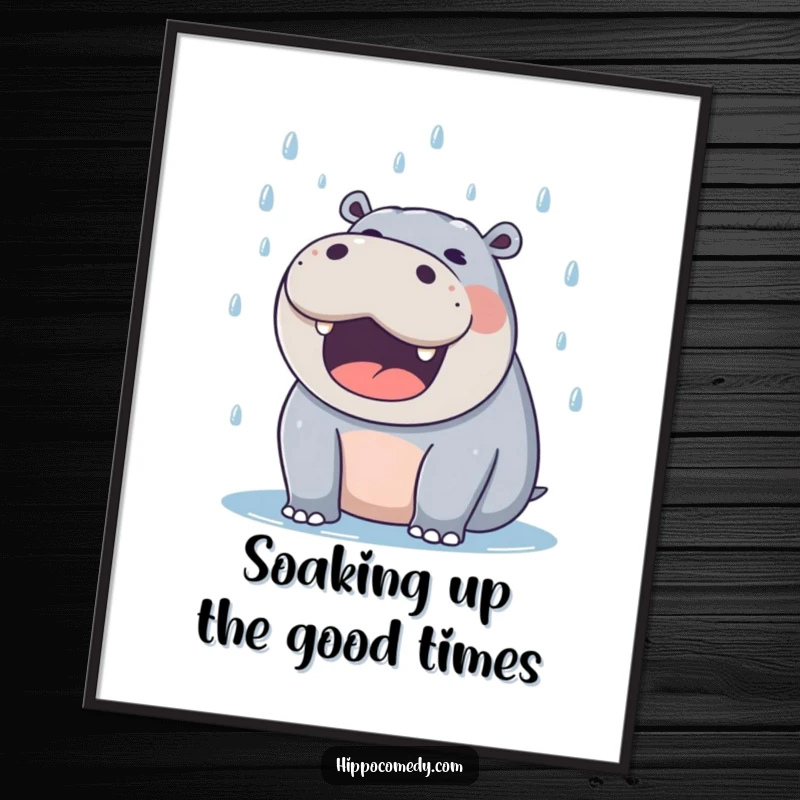 Funny Free Printable Wall Art: A joyful hippo with mouth agape catching falling raindrops, whimsical and delightful downloadable art.