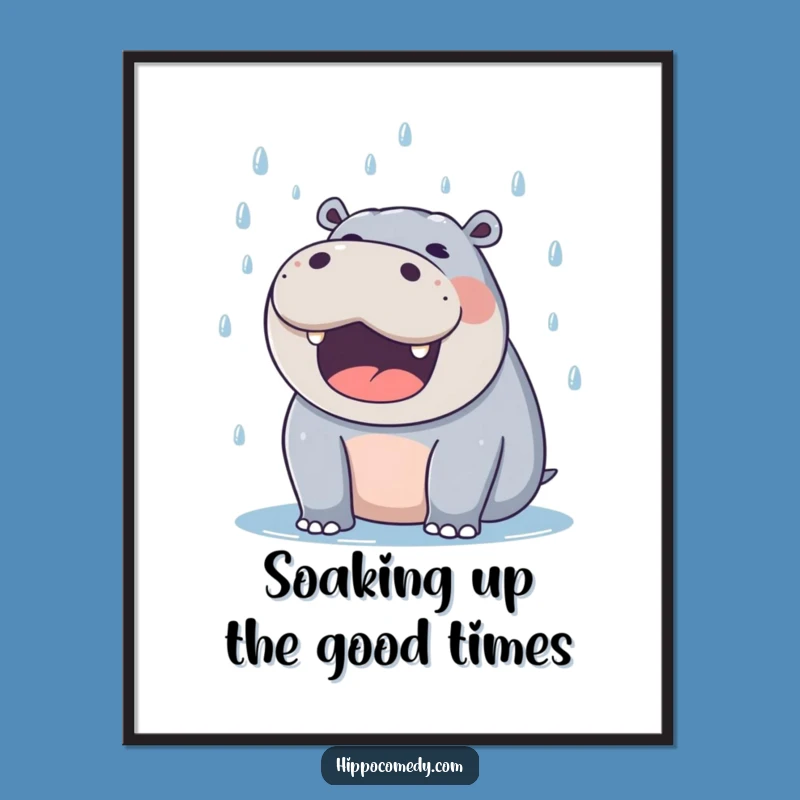Free Printable Wall Art: Delighted Hippo Catching Raindrops, Funny Downloadable Art