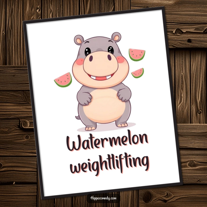 Funny Free Printable Wall Art of a giggling hippo with wide, happy eyes, skillfully juggling three perfectly shiny watermelons.