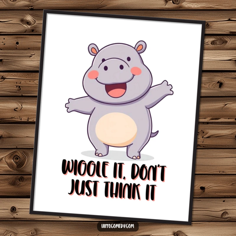 Funny Free Printable Wall Art: A happy hippopotamus doing a silly wiggle dance. Enthusiastic animal art, great for kids' rooms.