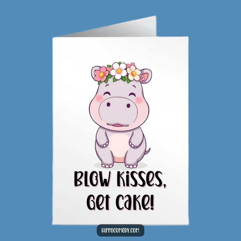 Free Printable Kawaii Hippo Birthday Card: Kissy Flower Crown Fun Download