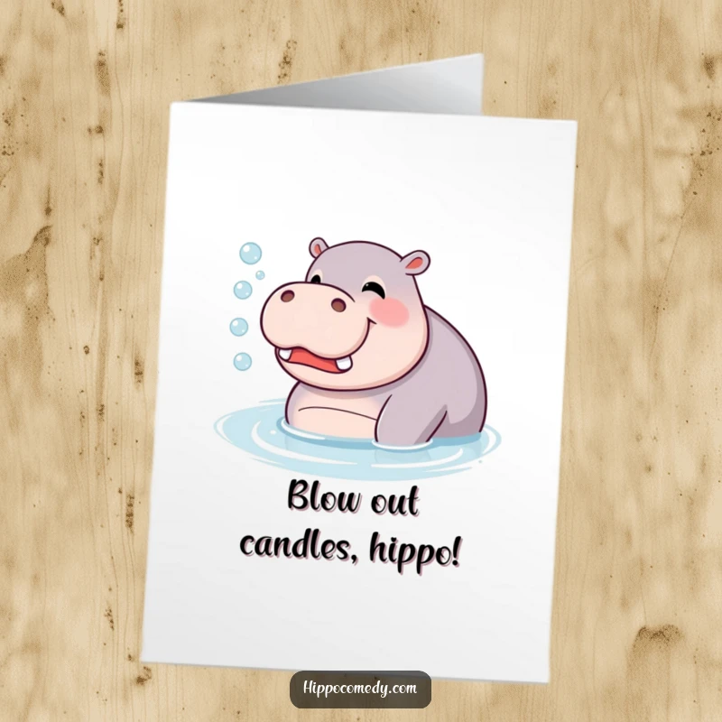 Funny Free Printable Birthday Card: A happy hippopotamus giggling while blowing a stream of bubbles in water.